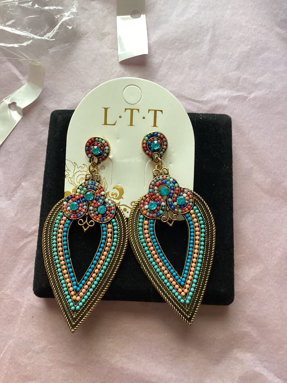 4123 NIP LTT Boho Burnished Rhinestone Multicolor Beaded Tear Drop Stud Earrings